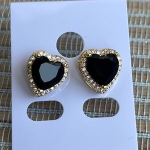 ⭐️- Gold Heart Stud Earrings with Black Crystal and Pavé Accent
